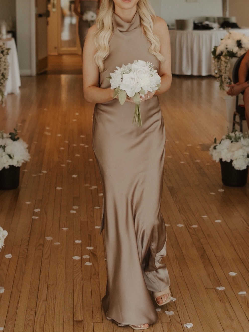 Azazie Satin Cowl Neck Maxi Dress in Taupe